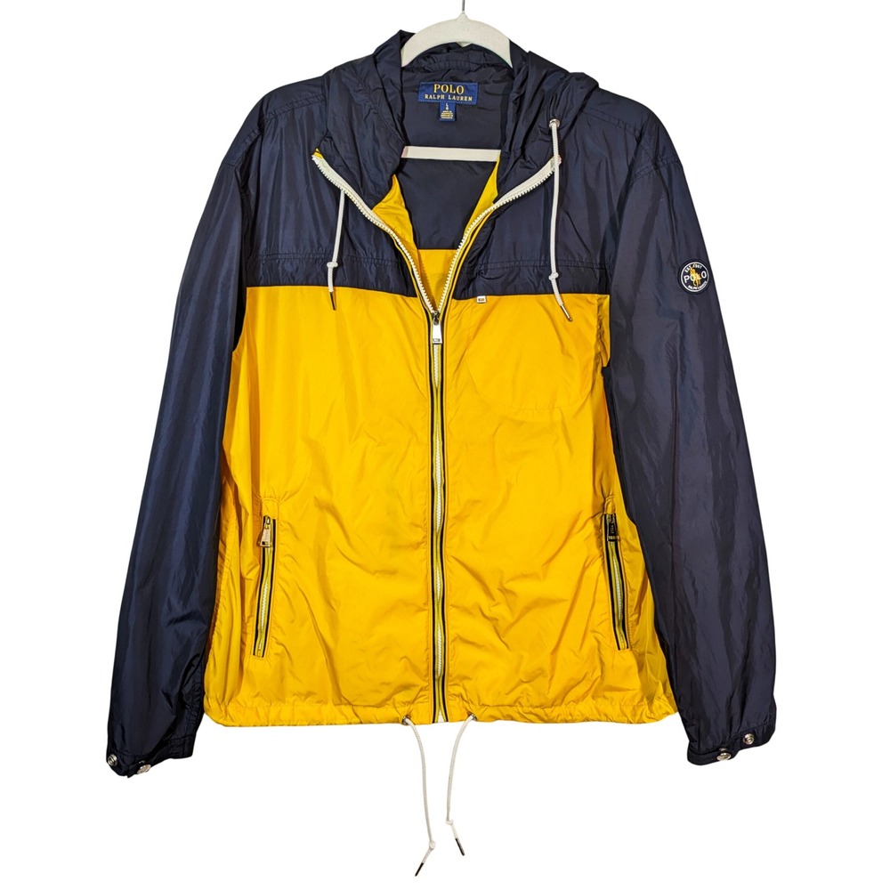 Polo Ralph Lauren Windbreaker Jacket Navy Yellow Colorblock Hooded Mens Large L